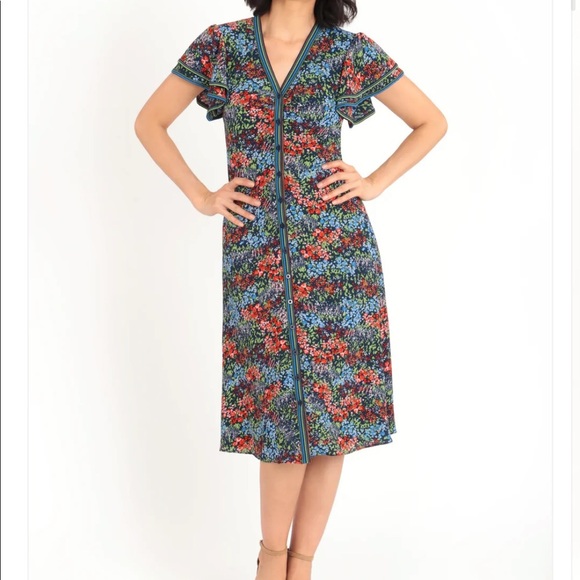 Maggy London Abbi Flounce Tea Length Floral Dress Flutter Sleeves Size 6 - Picture 2 of 13